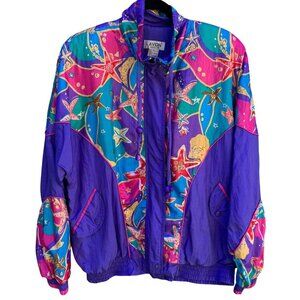 Lavon Vintage 80s Starfish Print High Collar Purple Swishy Windbreaker Jacket S